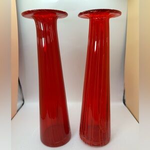 Pair of Tall MCM Red with Orange Cane Vases Flat Top Art Glass Handblown.